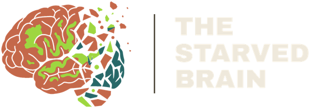 The Starved Brain book logo: a brain illustration in rust and green breaking apart into fragments, beside the title The Starved Brain